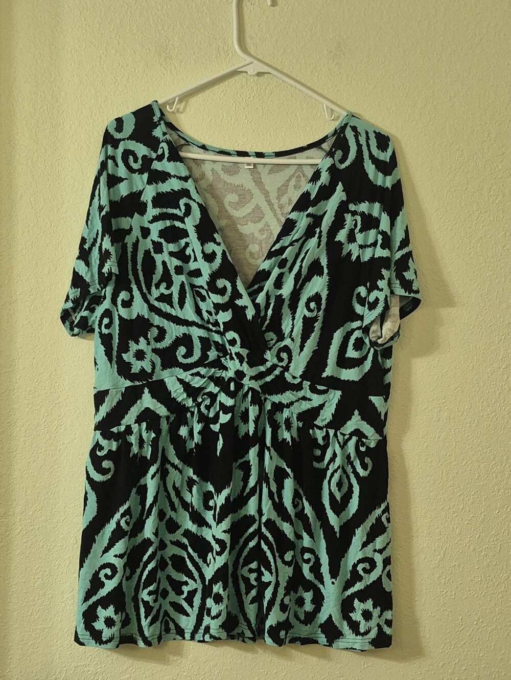 Women's V-Neck Black Tunic with Turquoise Print